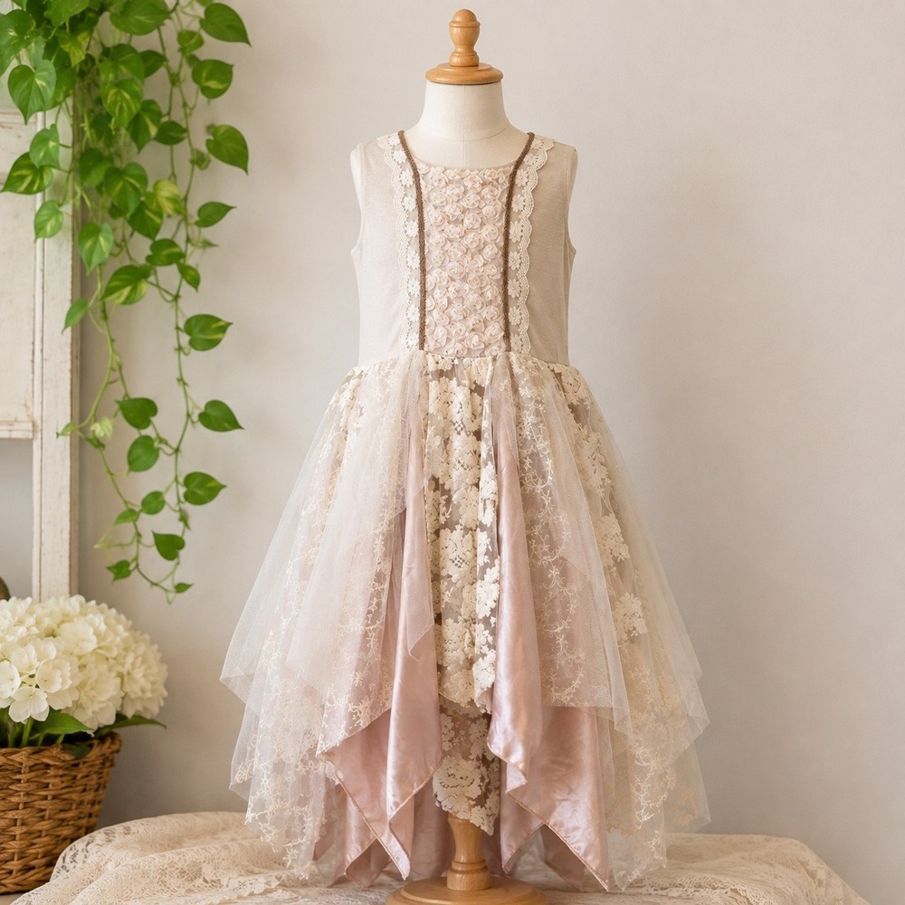 Chasing Fireflies Girls XXL 14 Lace Tulle High Low Dress Ivory Blush Boho